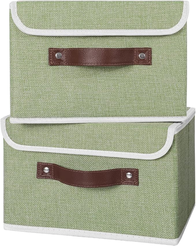 ANMINY Fabric Storage Box Bins with Lids, Green, 10"x8"x7", 4 Pack | Keepsake Memory Storage, Cotton Linen, PP Board Reinforced, Washable, PU Handles, Foldable & Stackable, Decorative, Small
