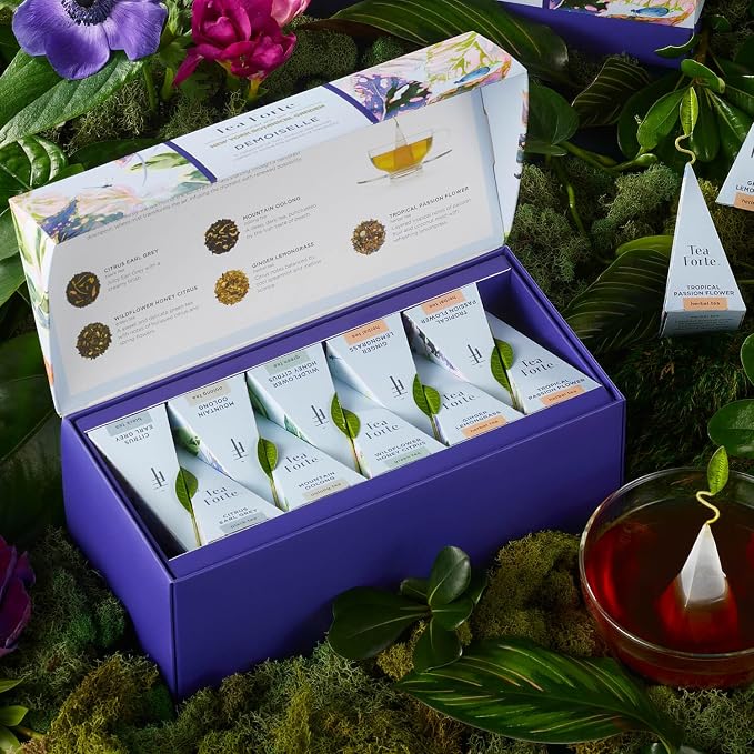 Tea Forte Premium Presentation Box Gift Set Sampler, 20 Count, Assorted Blends Individually Wrapped Handcrafted Pyramid Infuser Bags, Demoiselle Tea