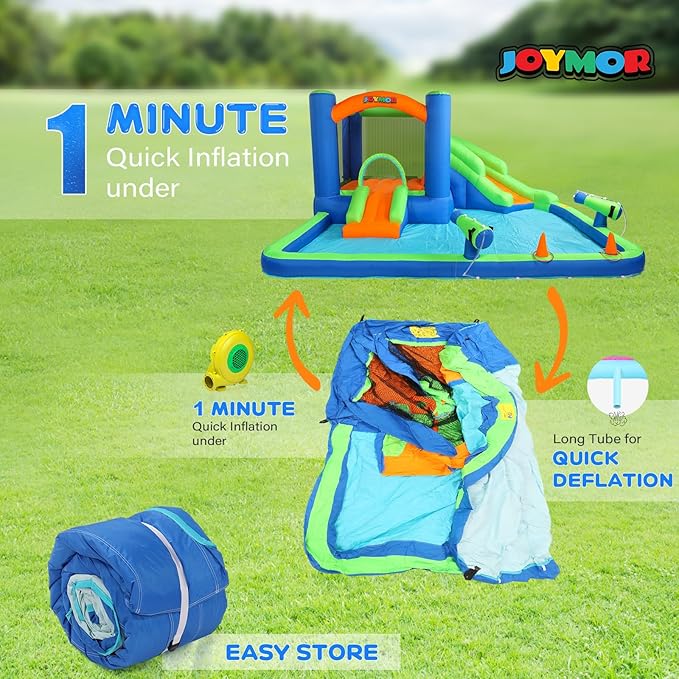 JOYMOR Inflatable Water Slide Bounce House for 3-6, 30s Blow Up Water Slide w/Basketball Hoop, Water Cannon, Ring-Toss Game, Inflatable Water Bounce House w/Slides, Air Blower (Blue/Green)
