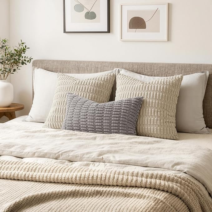 MIULEE Lumbar Corduroy Decorative Throw Pillow Covers 12x20 Light Grey | Pack of 2 Soft Boho Striped Pillow Covers Modern Farmhouse Home Decor For Sofa Living Room Couch Bed