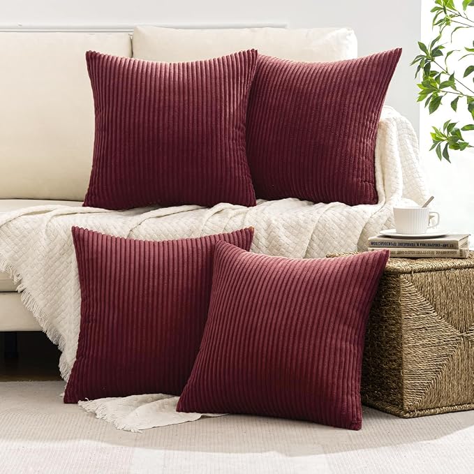 MIULEE Soft Corduroy Decorative Throw Pillow Covers Burgundy 18x18 | Set of 4, Mordern Nordic Christmas Decor, All Same Color Set, Boho Farmhouse Cushion Covers for Couch Bed Sofa Living Room