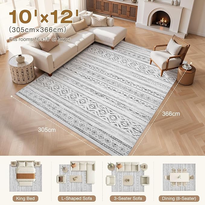 cotiled 10x12 Area Rugs Living Room Rug: Washable Boho Rugs with Non Slip Backing Large Soft Indoor Stain Resistant Carpet for Bedroom Farmhouse Dining Room Lightweight Home Decor Cream Grey
