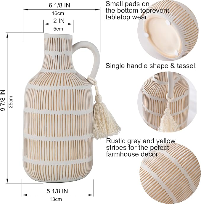 Mowtanco Farmhouse Vase with Handle and Tassel, Grey Yellow Vertical Stripes Design Clay Vase 10'' Tall - Ceramic Flower Vase for Rustic Home Decor, for Fireplace Kitchen Living Room Centerpieces