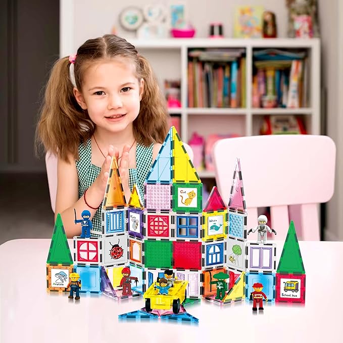 PicassoTiles 100pc Magnet Tile Construction Building Block Set with Carry Case Car Base Magnetic 8pc Characters Whiteboard Markers Idea Book Magnetized Toy Kit Playset Kids STEM Learning Age 3+ PB01