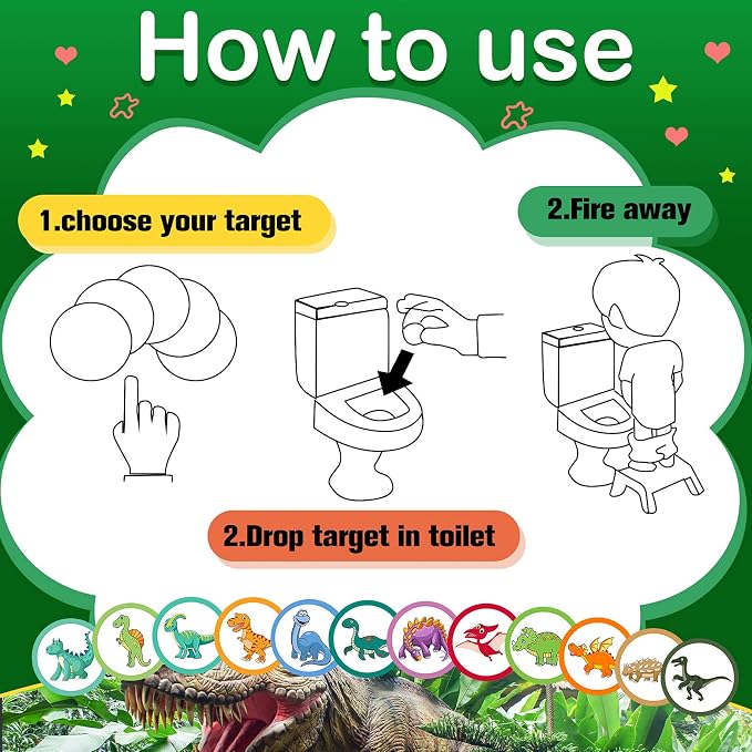 Chinco 120 Pcs Pee Targets for Boys Training Toilet Tinkle Flushable Paper Stickers You Pee on Boys Potty Training Targets Potty Aids Flushable Chart for Toddlers Use(Dinosaurs Styles)