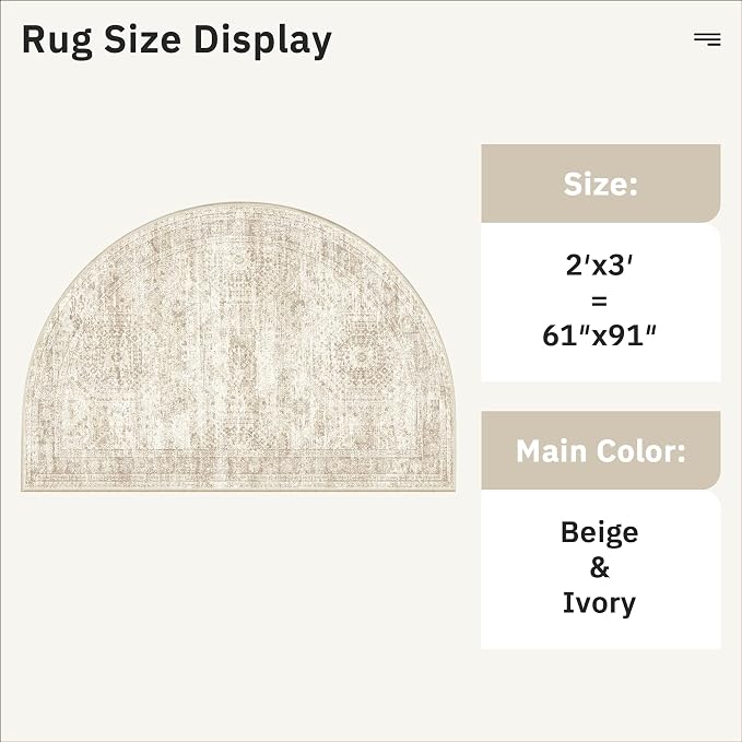 Soalmost Washable Half Circle Round Rug 2x3 Beige Small Half Moon Rug Entry | Non-Slip Vintage Low Pile Throw Door Mat For Bathroom Laundry Powder Room, Stain Resistant Indoor Entrance Semi Floor Carpet