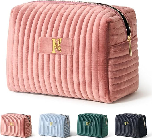 COSHAYSOO Travel Makeup Bag Quilted Make Up Pouch Initial Velvet Cosmetic Case with Butterfly Decorations for Women Cheerleader Volunteer Boss Lady Office Administrator Counselor Gifts Pink Letter I