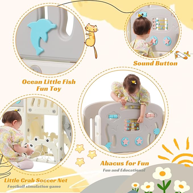 11in 1 Toddler Slide, Kid Slide for Toddlers Age 1-3 with Telescope, Basketball Hoop, and Telescope, Indoor Outdoor Playset Playground Grey Beige