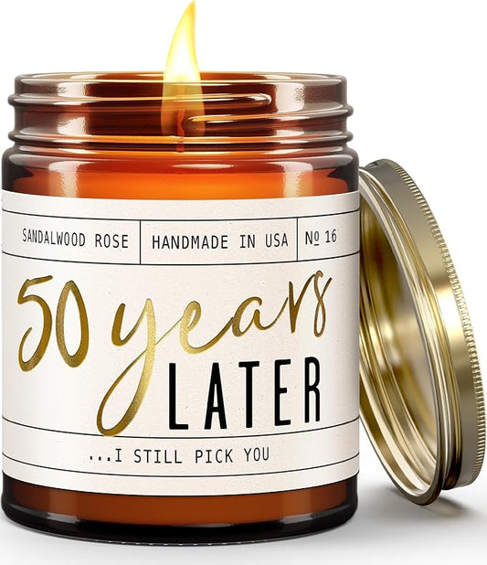 50th Wedding Anniversary Gifts - '50 Year Later' Candle, w/Sandalwood Rose - infused w/Essential Oils I 50th Anniversary Gifts for Wife I 50 Year Anniversary Gifts I 50Hour Burn I USA Made