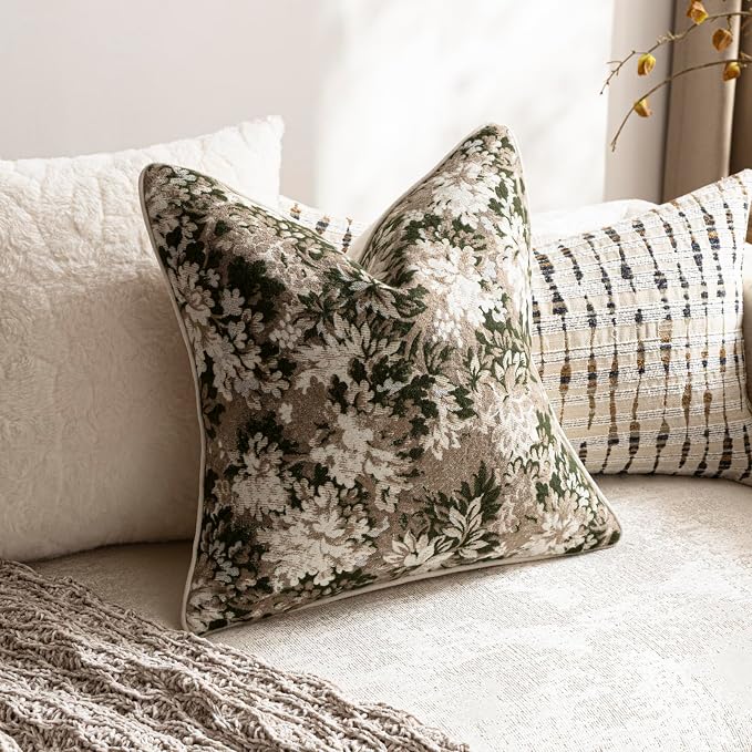 Pack of 2 Vintage Floral Throw Pillow Covers 20x20 Boho Farmhouse Accents Chenille Square Decorative Pillow Cases for Living Room Couch Bed Home Decor, Green and Taupe