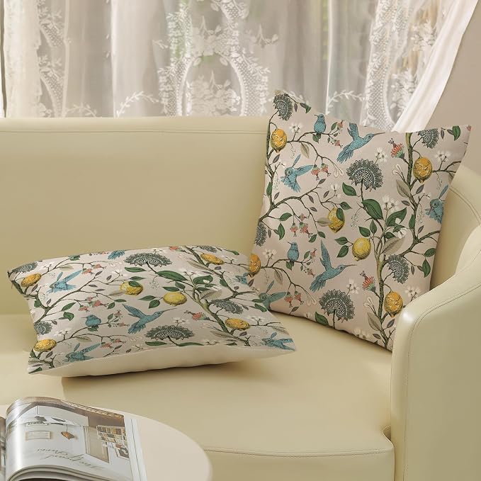Chinoiserie Pillow Covers 16x16 Set of 2 Blue Green Bird Floral Throw Pillows Vintage Yellow Lemon Flowers Decorations Pillowcase Outdoor Chinoiserie Decor Linen Cushion Case for Couch Home