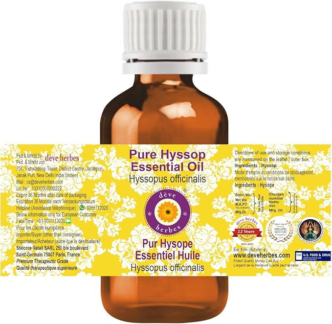 dève herbes Hyssop Essential Oil (Hyssopus officinalis) Pure | Non-Sticky | Non-Greasy | Lightweight | Men & Women | All Skin Types | Steam Distilled 10ml (0.33 oz)