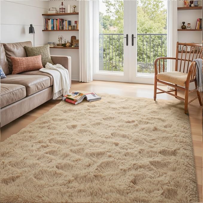 4x6 Ft Shag Beige Rugs for Bedroom Living Room, Ultra Soft Fluffy Furry Area Rugs for Playroom Indoor Floor, Aesthetic Carpet for Kids Home Decor