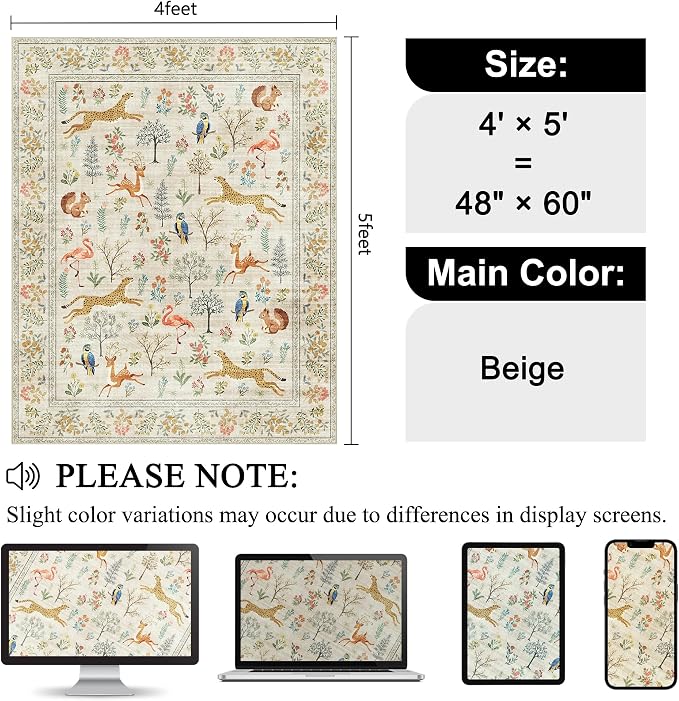 DUKINO 4x5 Area Rug, Washable Animal Rug for Entryway Non Slip, Beige | Low Pile, Soft Indoor Carpet for Bedroom, Kitchen, Office, Kids Room, Farmhouse, Pet Friendly, Stain Resistant, Home Decor