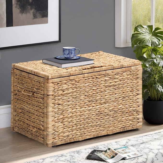 Storage Trunk with Metal Frame, Natural, 23.3 by 16.5 by 15.2 Inches | Safety Hinge, Heavy-duty Wicker Chest, Handwoven Water Hyacinth