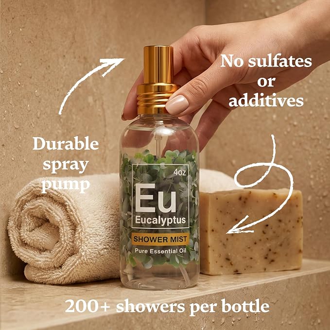 Eucalyptus Shower Spray - Spa-Grade Aromatherapy Shower Mist, 100% Pure Eucalyptus Spray - Essential Oil Steamer, Made in USA (4 oz)