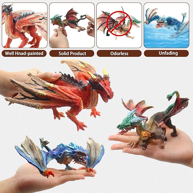 Mostop Dragon Toy Figures, 9’’ Realistic Battle Dragon Toys, 3 PCS Ancient Flying Dragon Figurines Plastic Fire Creature Dragon Models Decoration,Dragon Action Figure Kids Toys for Boys Girls Age 3+