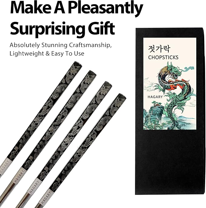 Hagary Dragon Chopsticks Metal Reusable Designed In Korea Japanese Style Stainless Steel 316 18/10 Non-Slip 2 Pairs Dishwasher Safe Laser Etched (Black)