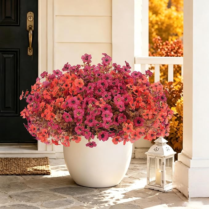 Artificial Fake Mums Flowers Plants for Outdoors Autumn Decorations,12 Bundles Faux Mums Silk Daisy Fall Flowers Plant UV Resistant Look Real for Outside Planters Porch Front Yard Home Orange Burgundy