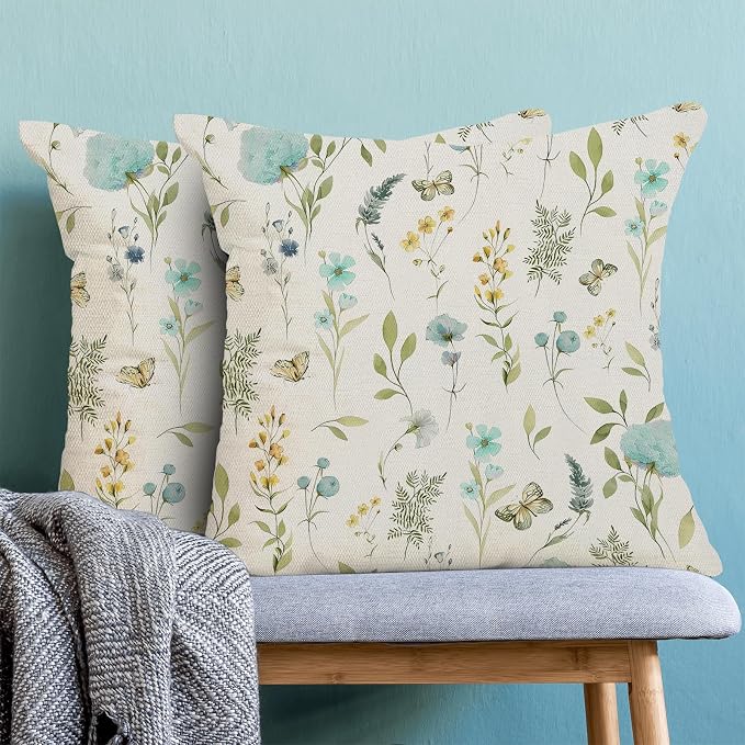Spring Pillow Covers 20x20 Inch Set of 2, Aqua Teal Sage Green Wild Flower Throw Pillows Case,Colorful Seasonal Floral Plant Outdoor Decorative Farmhouse Decor Cushion Covers for Sofa Bed Couch