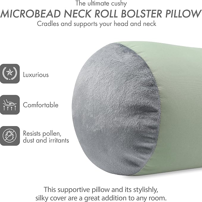 PILLOWY Microbead Bolster Neck Roll Pillow, Gently On Body, Head, Neck & Shoulders No Pain Rest, Relax Sleep - Silky Feel Prevent Wrinkles & Hair Breakage - Lightweight Cylinder, 14" x 8", Mint Grey