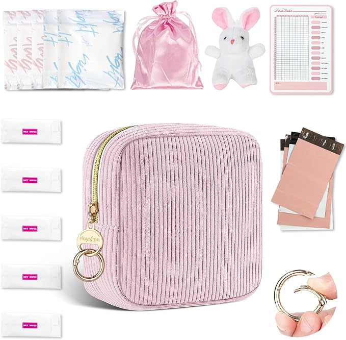 First Period kit for Girls, Corduroy Cute Sanitary Napkin Storage Bag, Menstrual Pad Bag Tampon Holder for Purse, First Period Gifts (Pink)