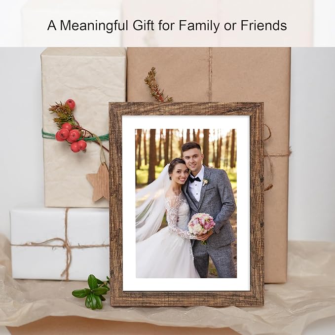 Hongkee 10x14 Picture Frame Set of 4, Made of Glass and Rustic Brown Wooden Frame, Display 8x12 Pictures with Mat or 30 x 40cm Diamond Painting Art without Mat for Wall Mounting, Gallery Photo Frames