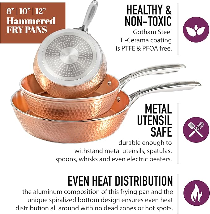 Gotham Steel Hammered Frying Pan Set, 3 Piece Nonstick Copper Fry Pans, 8”, 10” & 12” Skillet, Omelet Pan, Cookware, PFOA Free, Dishwasher Safe, Cool Touch Handle | 8, 10, 12" Fry Pans, Non Toxic PFOA/PFOS/PTFE Free, Induction Compatible, Oven and Dish...