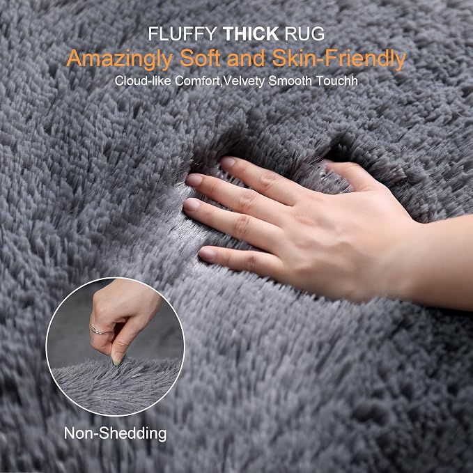 6x9 Thick Grey Shag Rug for Bedroom, Soft Plush Fluffy Carpet | Gray Area Rug for Living Room, Kids Nursery, Dorm Room, Washable Non Slip Plush Shaggy Floor Carpet