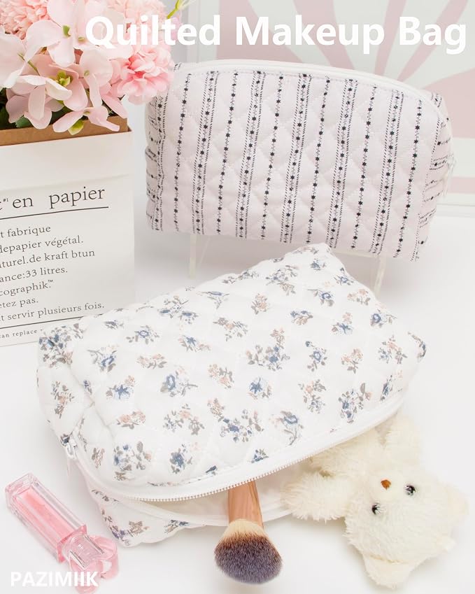 PAZIMIIK Small Quilted Makeup Bag,Zipper Cosmetic Pouch,Gauze Hyacinth | Lightweight Cosmetic Bag Organizer for Women,Purse Storage Holds Makeup,Toiletries,Skincare,Beauty Essentials,Travel Items