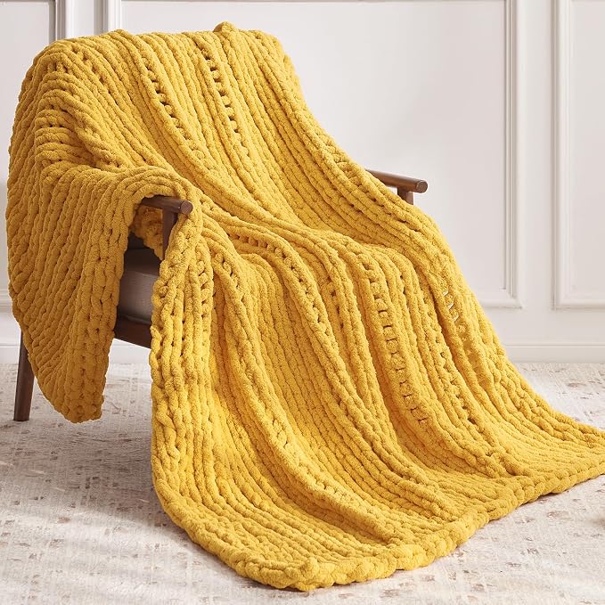 Negwoo Chunky Knit Throw Blanket, Knitted Throw Chenille Yarn, 80"*90" | Soft Thick Cable Knitted Blankets, Handmade Big Thick Blanket, Machine Washable Cute Comfy Blanket for Home Decor, Yellow