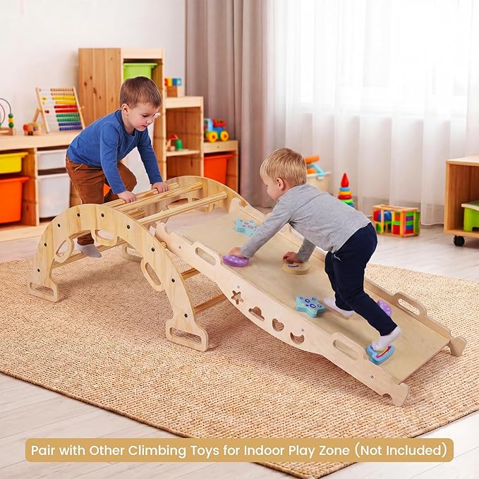 Costzon Wooden Rocking Climbing Arch w/Cushion, 3-in-1 Montessori Kids Climber Rocker for Toddlers, Playground Climbing Ladder Toy, Indoor Gym Learning Playset for Boys Girls Ages 1+ (Wood Color)