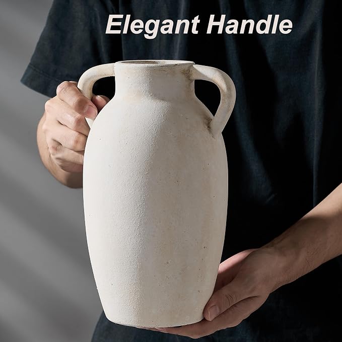 PORCER Ceramic Vase, 9.84 Inch Terracotta Vase with Handles, Boho Decor Decorative Vase, Rustic Vase for Home Decor, Farmhouse, Living Room, Table - Beige