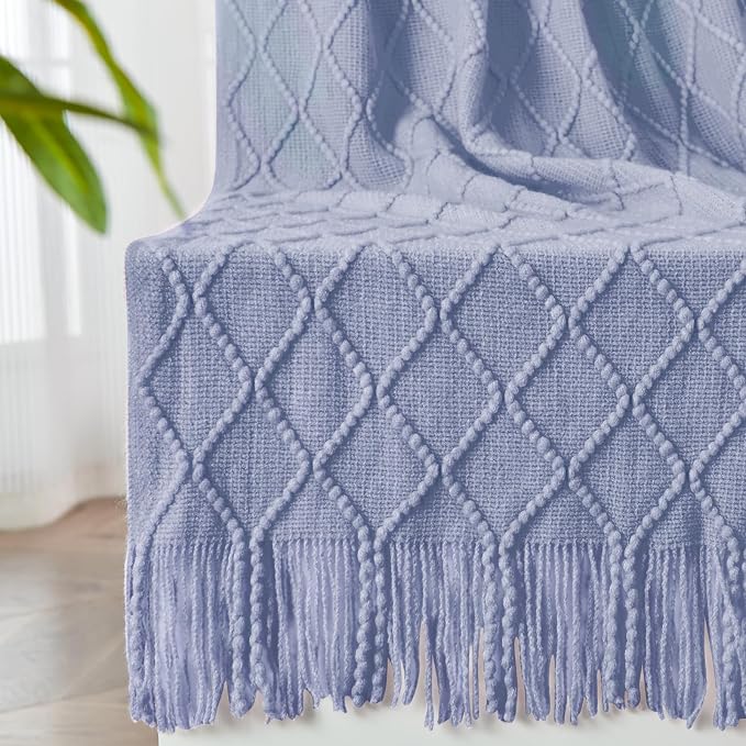 inhand Ashley Blue Knitted Throw Blanket for Couch and Bed, 50"x60" | Soft Living Room Home Decor Knitted Blanket with Tassel, Outdoor Lightweight Breathable , Farmhouse Warm Woven Decorative