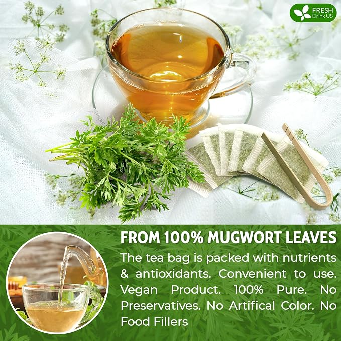 FreshDrinkUS, Premium 60 Mugwort Leaf Tea Bags, 100% Natural and Pure Mugwort Leaves. No Sugar, No Caffeine, No Gluten, Vegan.