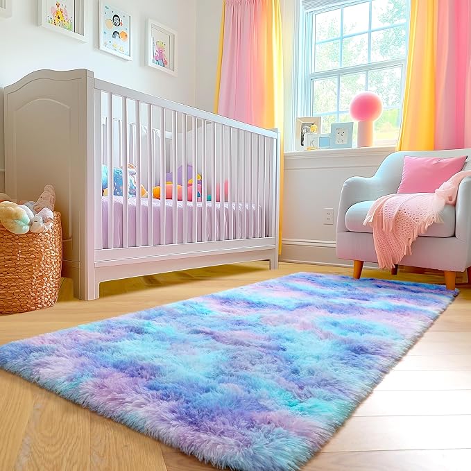 Amdrebio Purple Rainbow Mermaid Fluffy Runner Area Rug 2x6 for Kids Bedroom | Plush Furry Shag Pastel Girls Carpet, Baby Nursery Classroom Dorm Playroom Decor, Cutecore Kidcore Aesthetic, Pink Blue Color
