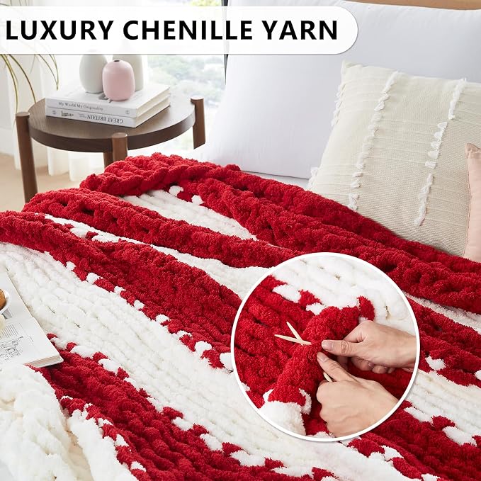 L'AGRATY Chunky Knit Throw Blanket for Couch, 72 x 84 Inches, Red White | Handmade Chenille Crochet Blanket for Sofa Bed, Thick Cable Knitted Blankets for Room Home Decor, Birthday Gift for Women Mom