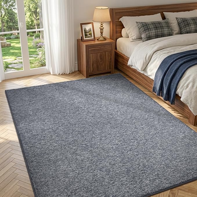FinRèc 4x6 Washable Area Rugs for Bedroom Living Room, Low Pile Thin Rug Solid Color, Non-Slip Carpet Indoor for Home Decor (Grey Blue/White)