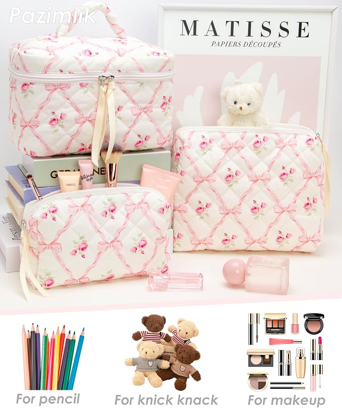 PAZIMIIK 3PCS Makeup Bag SET Large Travel Quilted Zipper Soft Cosmetic Case Pouch for Women Girls Make Up,Bow Rose