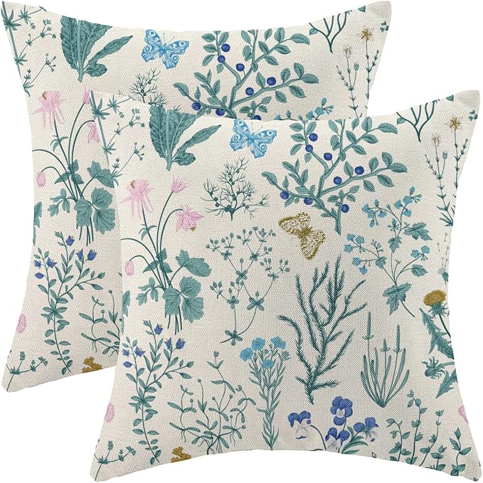AEIOAE Spring Pillow Covers 18x18 Inch Set of 2,Blue Teal Wild Flower Plant Throw Pillows Case,Seasonal Floral Outdoor Decorative Square Linen Farmhouse Decor Cushion Covers for Home Sofa Bed Couch