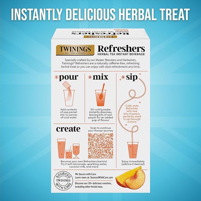 Twinings Peach Mango Refreshers, Herbal Tea Instant Beverage with Real Peach Fruit Bits, 5 Count (Pack of 1), Café Style, No Artificial Sweeteners, Naturally Caffeine-Free Refreshment, 5 Packets