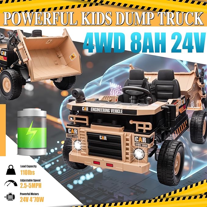 POSTACK 24 Volt Ride on Car with Remote Control, Ride on Construction Vehicle 4 Powerful Motors,20" Spacious 2 Seater Ride On Toddler Car Side by Side with Electric Dump Bed, Khaki