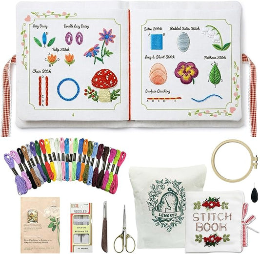 Lemosyu Embroidery Stitch Book Kit for Beginners, Structured Learning with 57 Essential Stitches & 132 Patterns - Step-by-Step and Video, Portable Embroidery Kit for Adults & DIY Craft Lovers Gift
