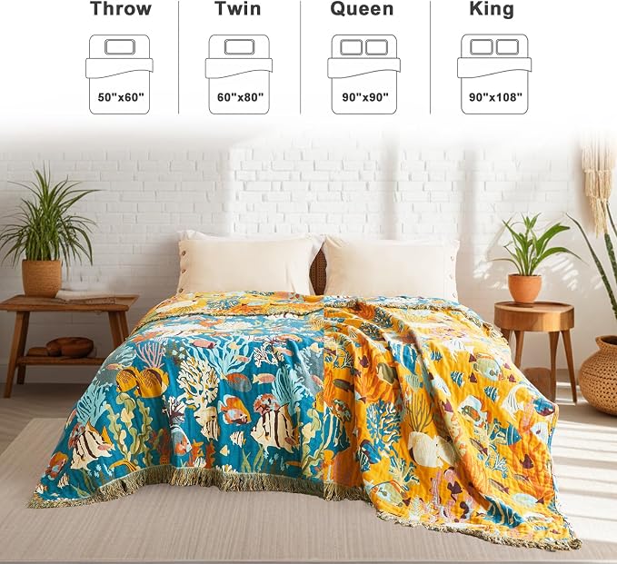 LUTBM Boho Throw Blanket for Bed 60"x80", All Season Cotton Couch Blankets | Underwater Ocean Life Jacquard, Twin Quilt, For Chair Sofa Bedroom Living Room, Lightweight & Breathable Gauze, Home Decor