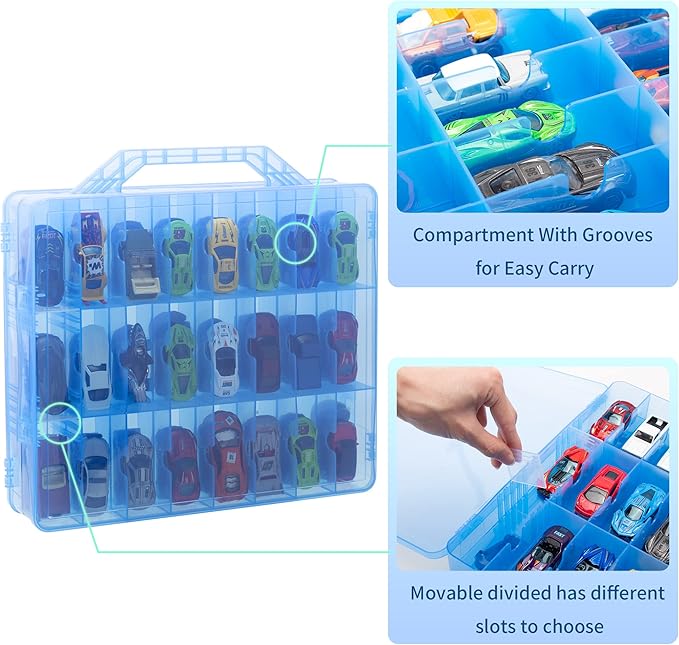 Double Sided Storage Case for 48 Cars, Matchbox Cars, Mini Toys, Small Dolls - Portable Transparent Case (Blue)