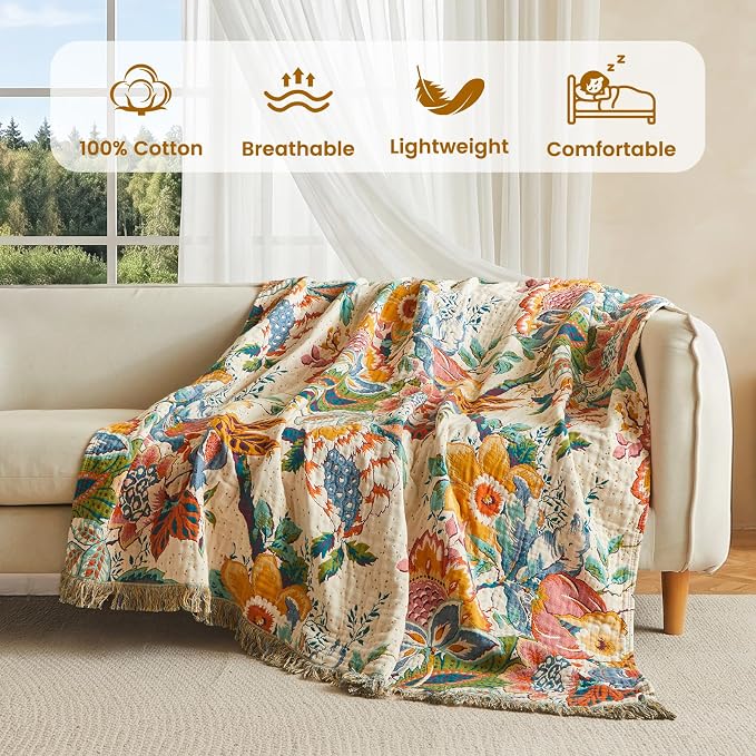 MSGKV Boho Throw Blanket 60"x80" Cotton Vine Twin Blanket for Couch Bed | Twin Cotton Throw, Muslin Blanket, Summer Breathable, Lightweight Comfort, Farmhouse Decor, Home Decorative, Machine Washable