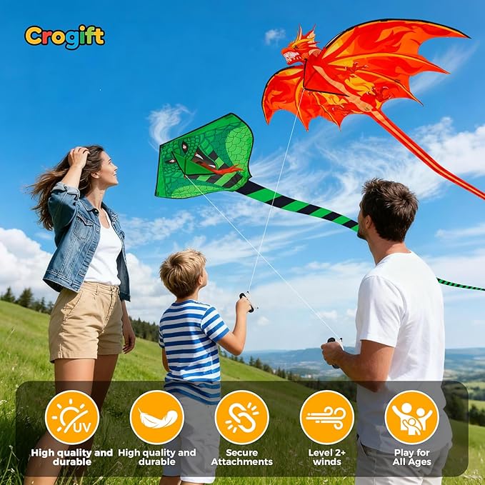 3 Pack Large Kites - Dragon Snake Delta Kites Easy to Fly for Adults Kids Beach Park Outdoor Game Activities, Gifts for Easter Festival Birthday