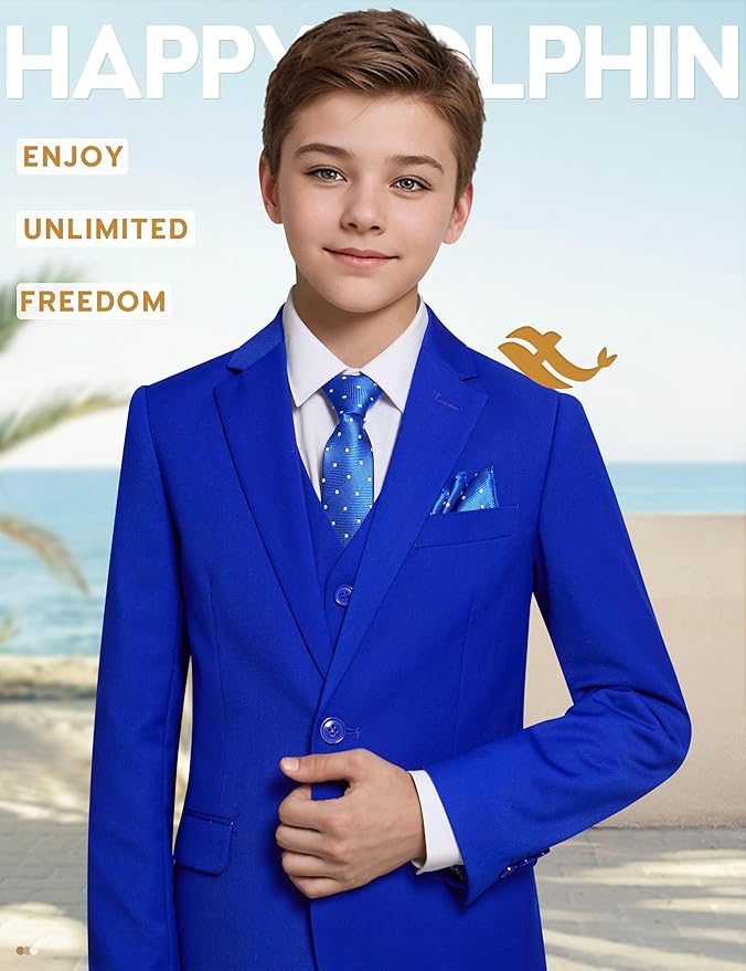 Happy Dolphin Boys Suit Set Modern Fit Kids Suits Adjustable Waist Boys Wedding Outfit for Boy Communion Suits for Boys
