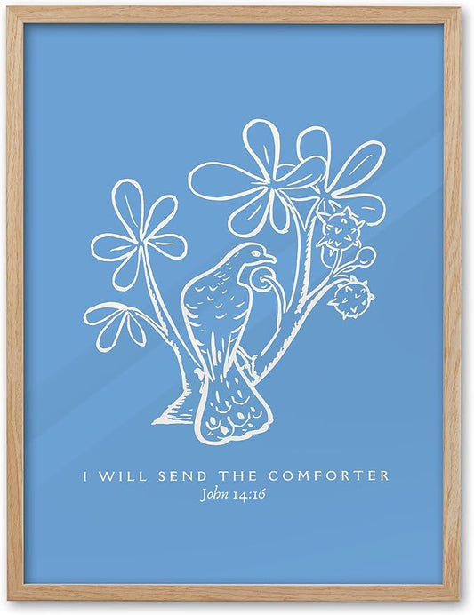 EcoHest 16x20 in John 14:16 I Will Send The Comforter Christian Wall Art | Solid Oak Wood Frame， Canvas Wall Art, Bible Verse Holy Spirit Floral Decor for Bedroom, Living Room, Office, Church, 1Pack