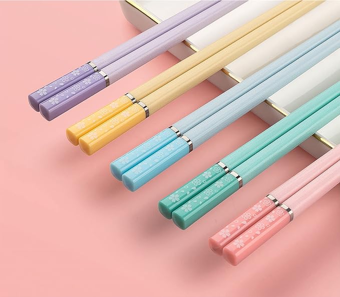 5 Pairs Cherry Blossom Pattern Decoration Fiberglass Chopsticks Multicolor Chopsticks Japanese Korean Chopsticks Reusable Dishwasher Safe Yellow Pink Blue Green Purple Chopsticks